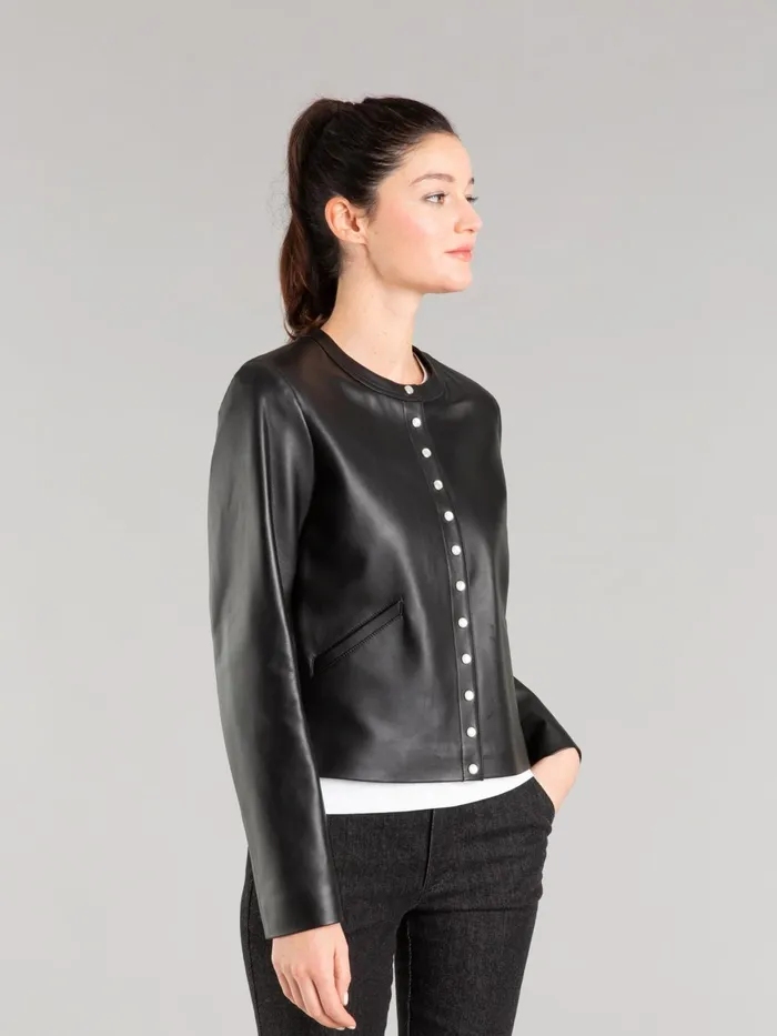 Agns B Jumpers Women Longsleeved Cardigan With Press Studs In Black Lambskin Leather