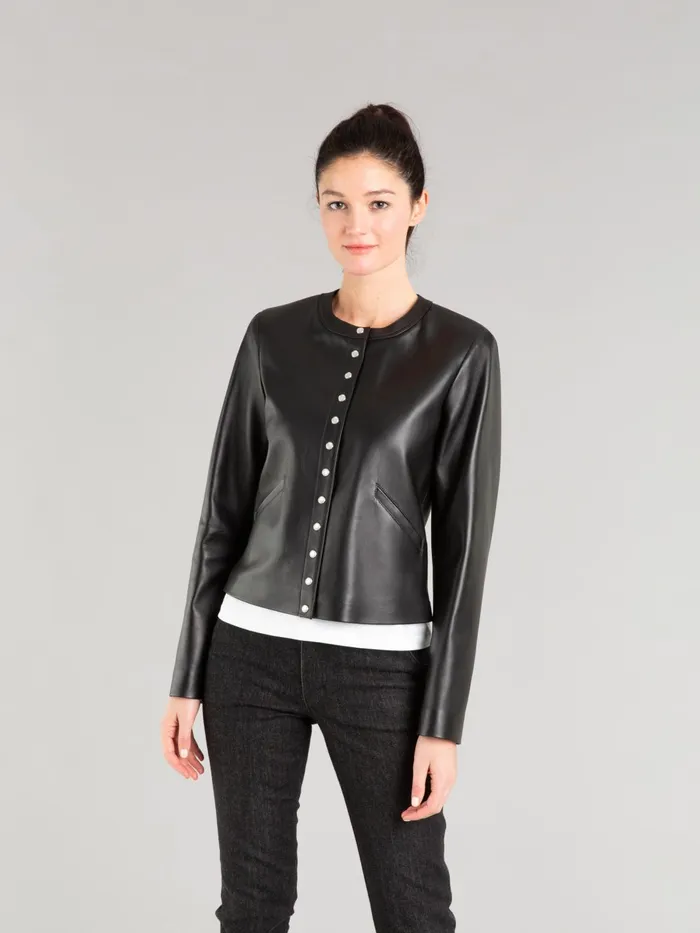 Agns B Jumpers Women Longsleeved Cardigan With Press Studs In Black Lambskin Leather