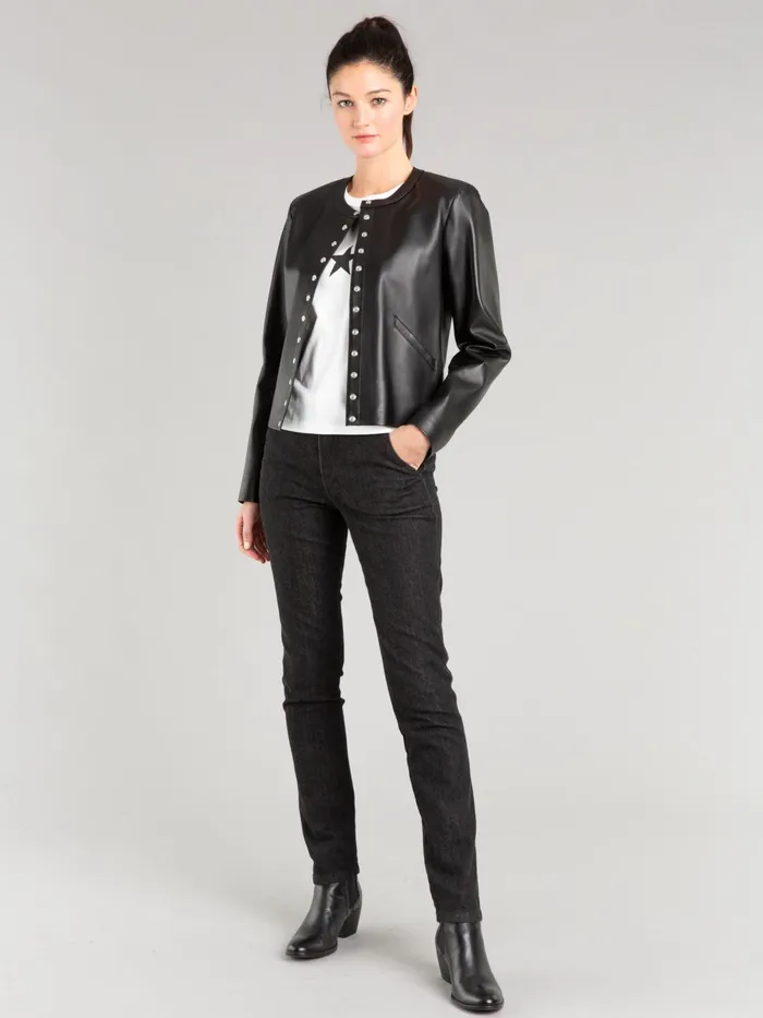 Agns B Jumpers Women Longsleeved Cardigan With Press Studs In Black Lambskin Leather