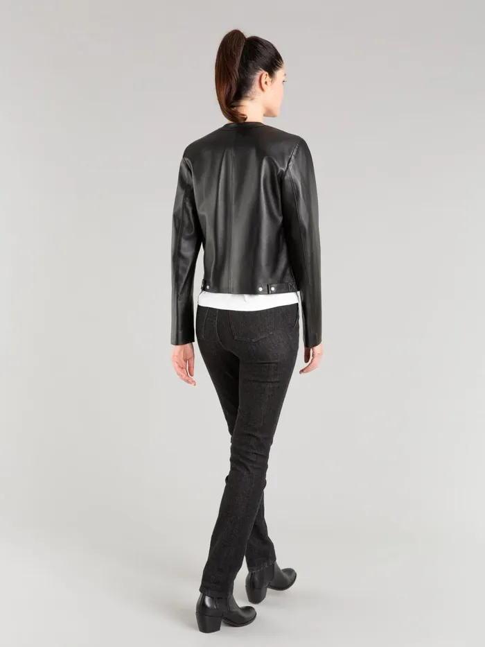 Agns B Jumpers Women Longsleeved Cardigan With Press Studs In Black Lambskin Leather