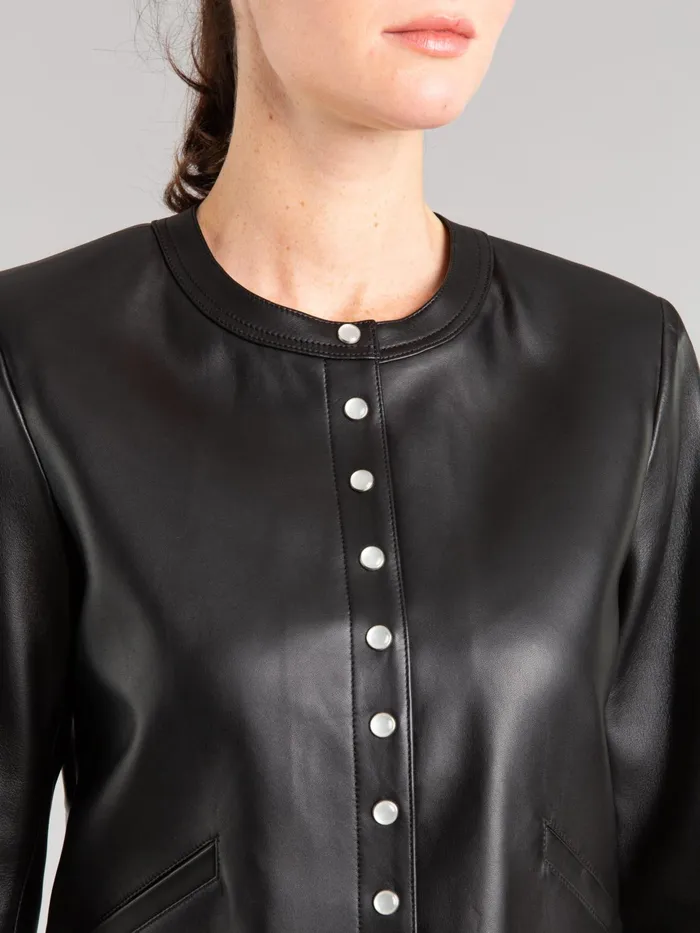 Agns B Jumpers Women Longsleeved Cardigan With Press Studs In Black Lambskin Leather