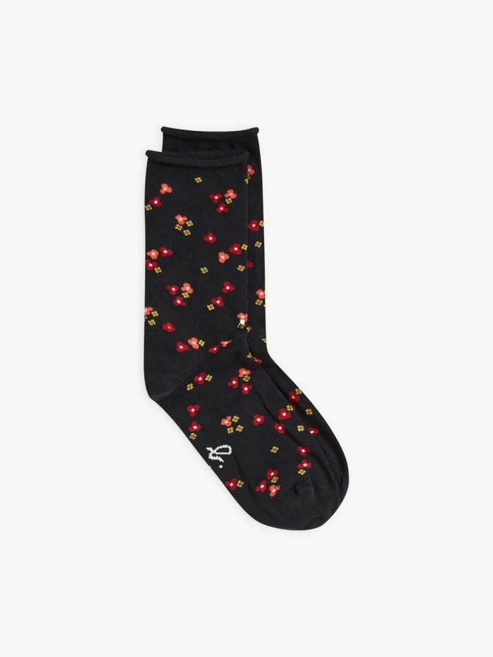 Agns B Lingerie and Socks Women Black Cotton Begonia Socks