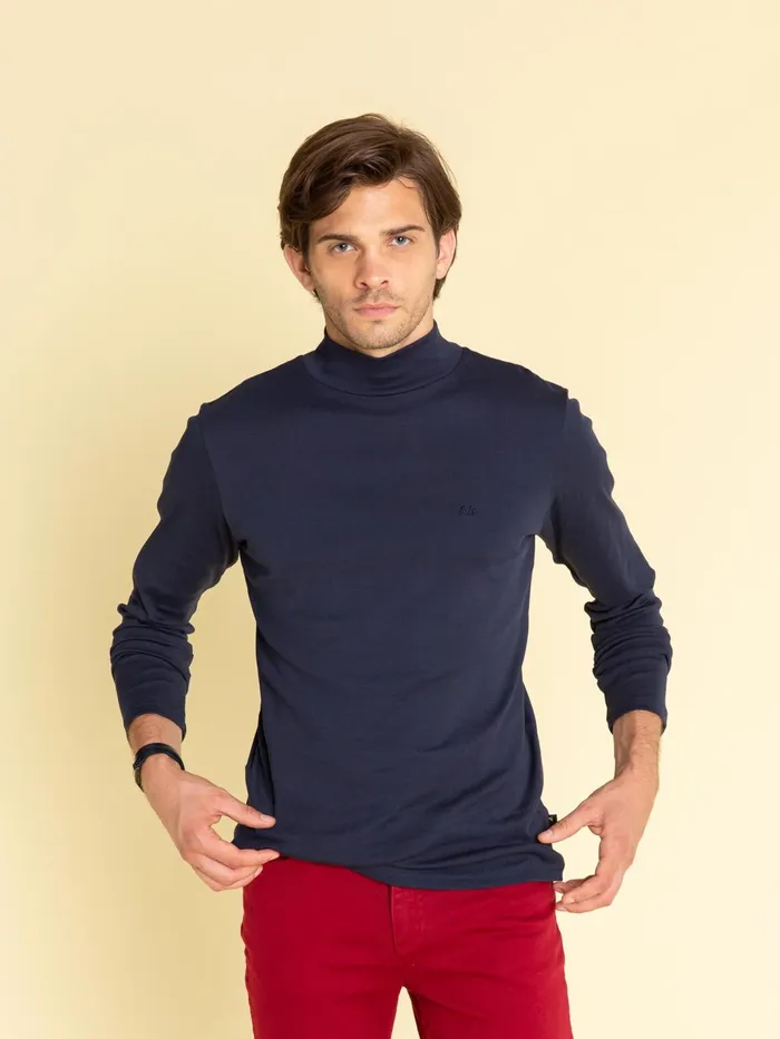 Agns B Tshirts and Polo Shirts Men Navy Blue High Collar Panama Tshirt