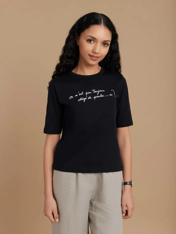 Agns B Tshirts and Tank Tops Women Black Cotton Phrase Screenprint Brando Tshirt