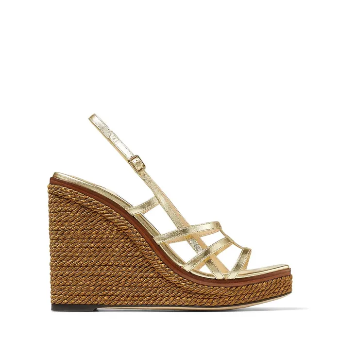Ariela 110 Gold Metallic Nappa Leather Wedge Sandals With MultiStrap Front Dore Women JIMMY CHOO Wedges Ariela 110 Gold Metallic Nappa Leather Wedge Sandals With MultiStrap Front Dore Women JIMMY CHOO Wedges