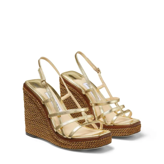 Ariela 110 Gold Metallic Nappa Leather Wedge Sandals With MultiStrap Front Dore Women JIMMY CHOO Wedges