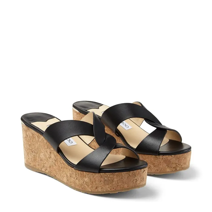 Atia 75 Black Vachetta Leather Wedge Sandals With Crossover Straps Black Women JIMMY CHOO Wedges