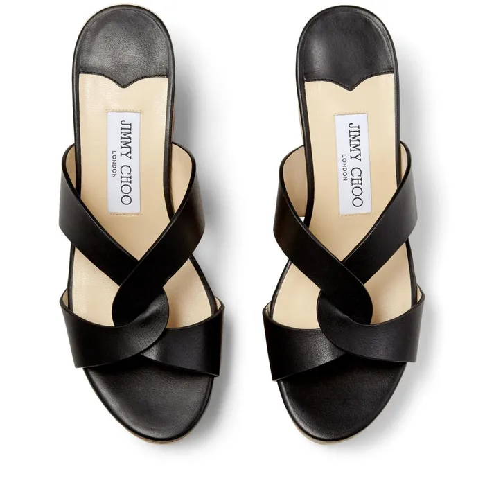 Atia 75 Black Vachetta Leather Wedge Sandals With Crossover Straps Black Women JIMMY CHOO Wedges