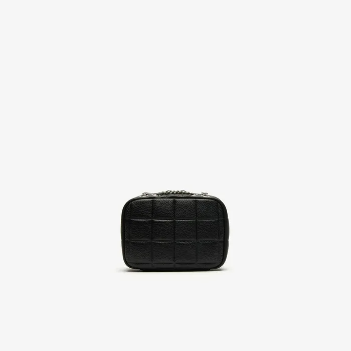 Bags Lacoste Womens Croco Crew Quilted Leather Zippered Shoulder Bag Black Gift 4 You
