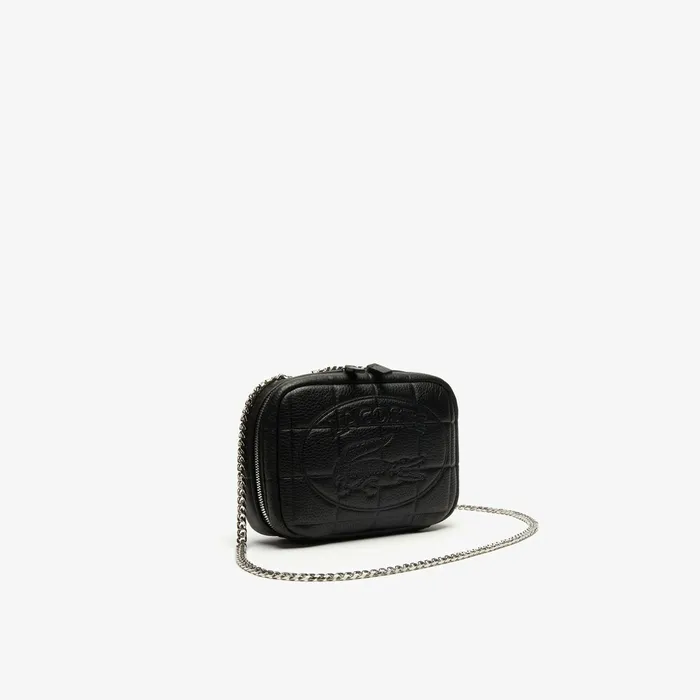 Bags Lacoste Womens Croco Crew Quilted Leather Zippered Shoulder Bag Black Gift 4 You