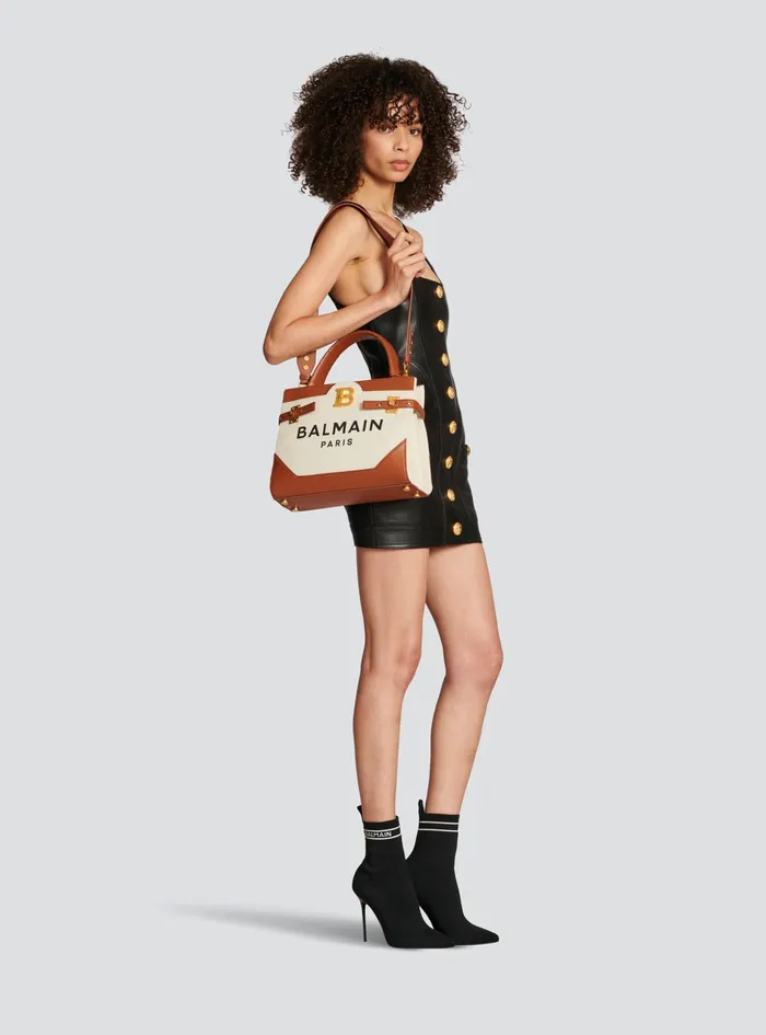 Balmain BBuzz Bags Womens Canvas BBuzz Top Handle Bag With Leather Panel Beige Balmain BBuzz Bags Womens Canvas BBuzz Top Handle Bag With Leather Panel Beige