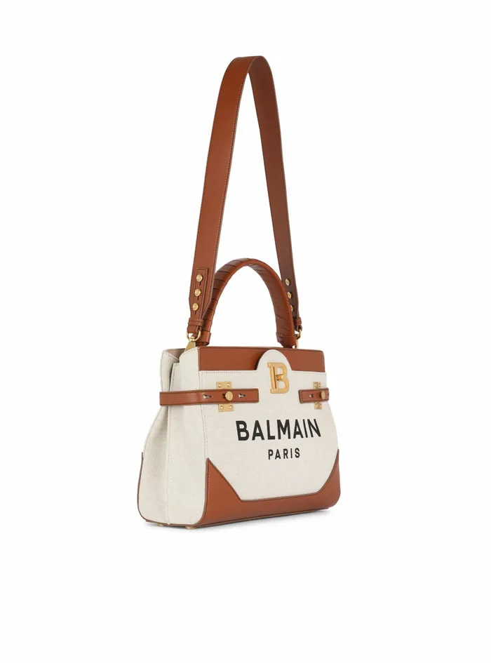 Balmain BBuzz Bags Womens Canvas BBuzz Top Handle Bag With Leather Panel Beige Balmain BBuzz Bags Womens Canvas BBuzz Top Handle Bag With Leather Panel Beige