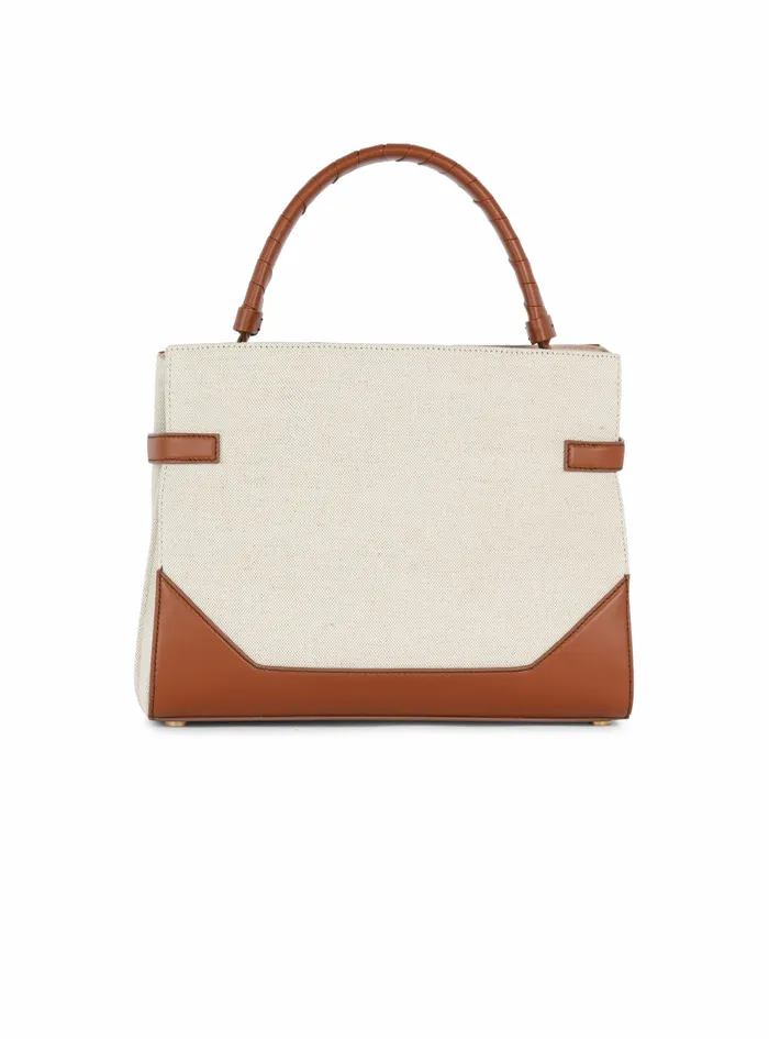 Balmain BBuzz Bags Womens Canvas BBuzz Top Handle Bag With Leather Panel Beige Balmain BBuzz Bags Womens Canvas BBuzz Top Handle Bag With Leather Panel Beige