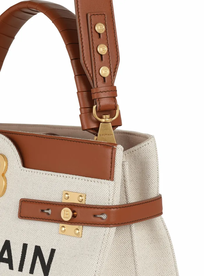 Balmain BBuzz Bags Womens Canvas BBuzz Top Handle Bag With Leather Panel Beige Balmain BBuzz Bags Womens Canvas BBuzz Top Handle Bag With Leather Panel Beige