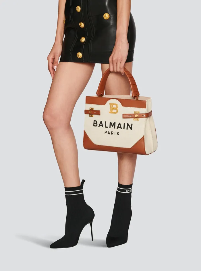 Balmain BBuzz Bags Womens Canvas BBuzz Top Handle Bag With Leather Panel Beige Balmain BBuzz Bags Womens Canvas BBuzz Top Handle Bag With Leather Panel Beige