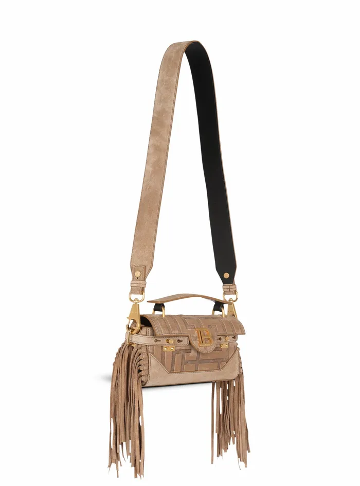 Balmain BBuzz Bags Womens Debossed Suede BBuzz 19 Bag With Fringe Beige