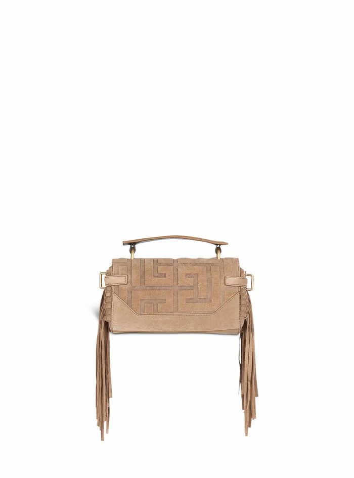 Balmain BBuzz Bags Womens Debossed Suede BBuzz 19 Bag With Fringe Beige