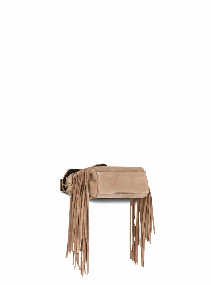 Balmain BBuzz Bags Womens Debossed Suede BBuzz 19 Bag With Fringe Beige