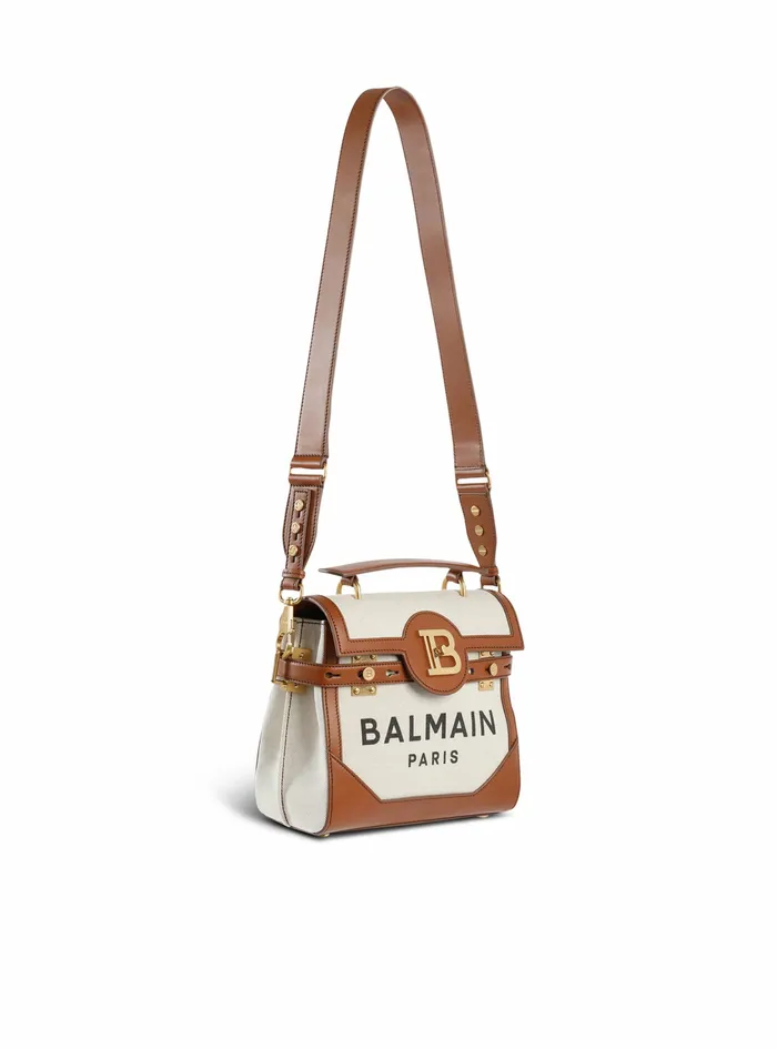 Balmain BBuzz Bags Womens Ecru Canvas BBuzz 23 Bag With Brown Leather Panels Beige