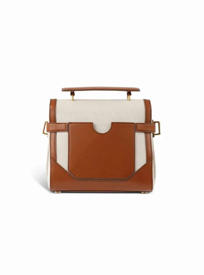 Balmain BBuzz Bags Womens Ecru Canvas BBuzz 23 Bag With Brown Leather Panels Beige