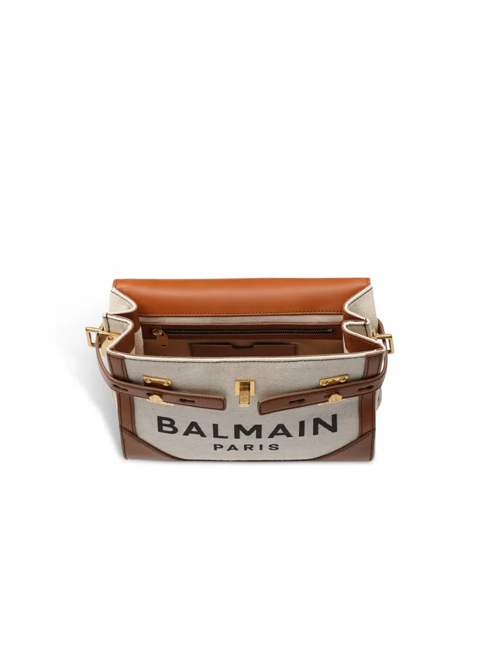 Balmain BBuzz Bags Womens Ecru Canvas BBuzz 23 Bag With Brown Leather Panels Beige