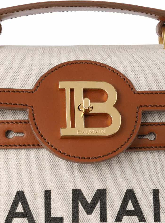 Balmain BBuzz Bags Womens Ecru Canvas BBuzz 23 Bag With Brown Leather Panels Beige