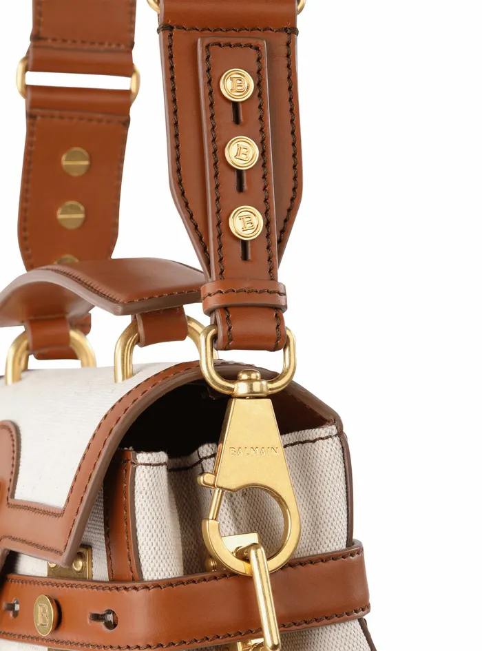 Balmain BBuzz Bags Womens Ecru Canvas BBuzz 23 Bag With Brown Leather Panels Beige
