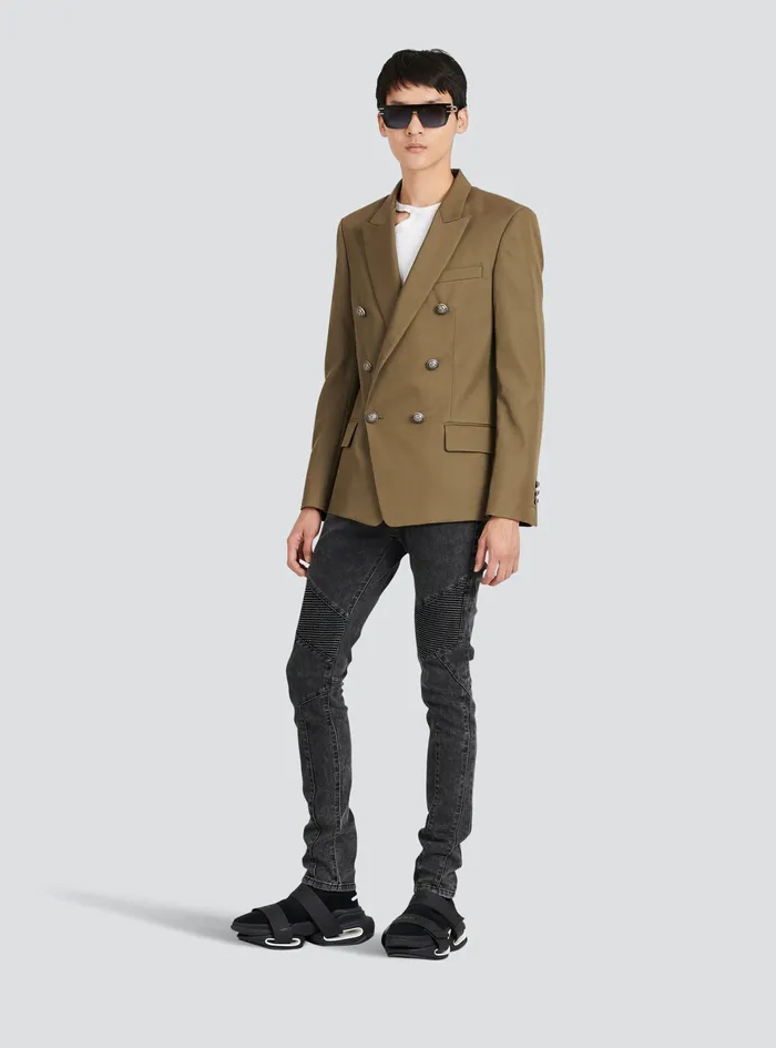 Balmain Blazers Mens Cotton Blazer With DoubleBreasted SilverTone Buttoned Fastening Khaki Balmain Blazers Mens Cotton Blazer With DoubleBreasted SilverTone Buttoned Fastening Khaki