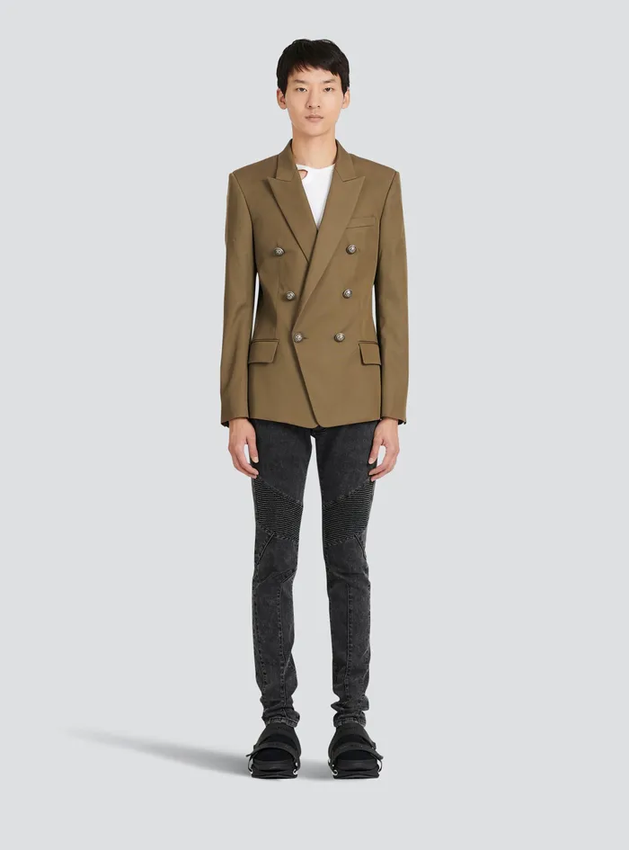 Balmain Blazers Mens Cotton Blazer With DoubleBreasted SilverTone Buttoned Fastening Khaki Balmain Blazers Mens Cotton Blazer With DoubleBreasted SilverTone Buttoned Fastening Khaki