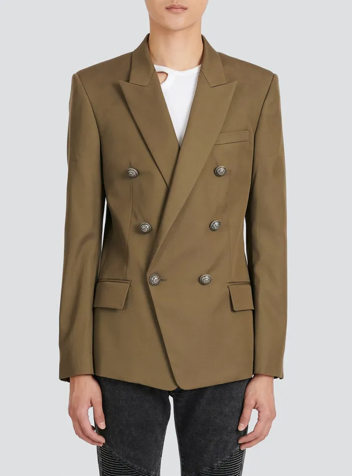 Balmain Blazers Mens Cotton Blazer With DoubleBreasted SilverTone Buttoned Fastening Khaki Balmain Blazers Mens Cotton Blazer With DoubleBreasted SilverTone Buttoned Fastening Khaki