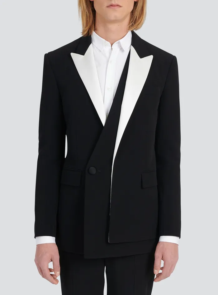 Balmain Blazers Mens Crepe Blazer With Satin Collar Black Balmain Blazers Mens Crepe Blazer With Satin Collar Black