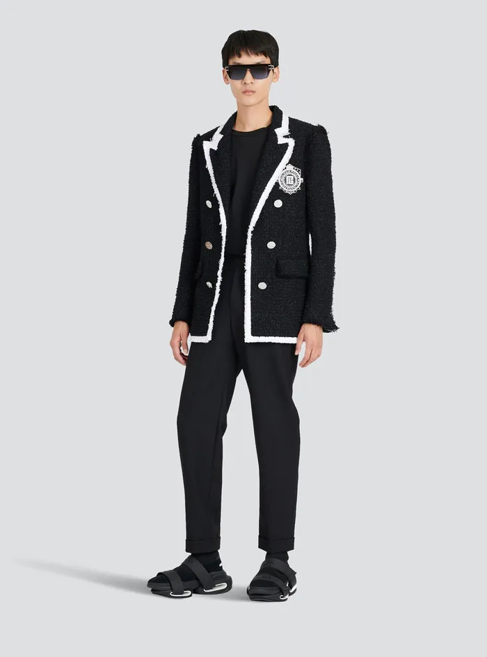 Balmain Blazers Mens Tweed Blazer With Embroidered Balmain Logo Black Balmain Blazers Mens Tweed Blazer With Embroidered Balmain Logo Black