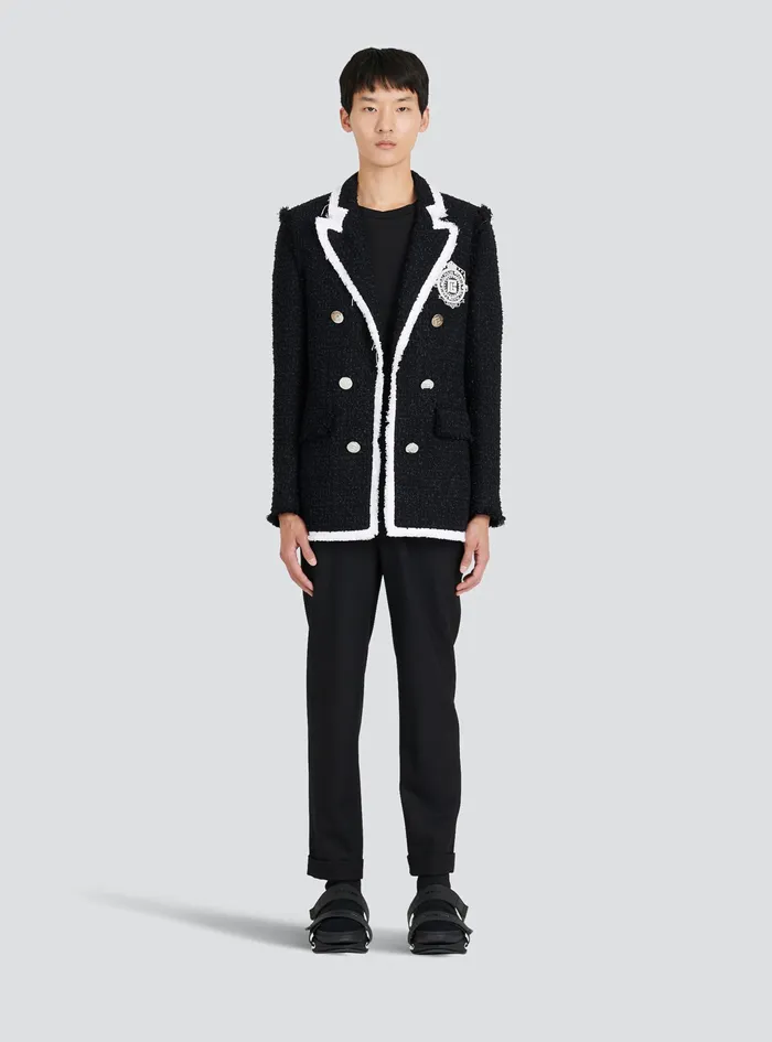 Balmain Blazers Mens Tweed Blazer With Embroidered Balmain Logo Black Balmain Blazers Mens Tweed Blazer With Embroidered Balmain Logo Black
