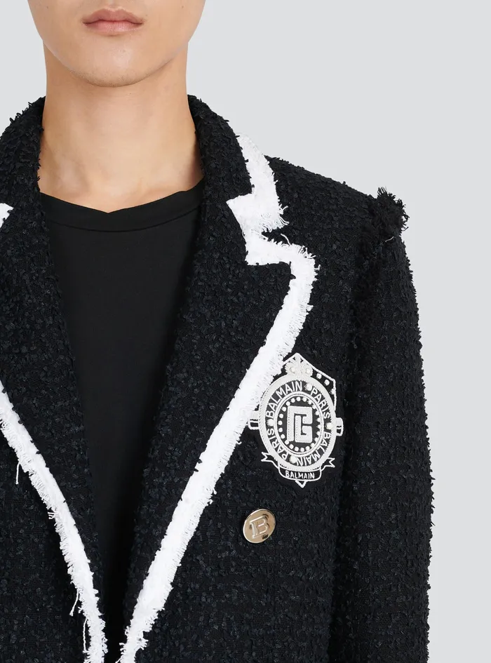 Balmain Blazers Mens Tweed Blazer With Embroidered Balmain Logo Black Balmain Blazers Mens Tweed Blazer With Embroidered Balmain Logo Black