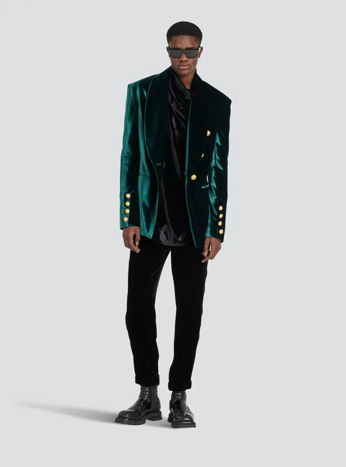Balmain Blazers Mens Velvet Blazer With Monogram Lining Green Balmain Blazers Mens Velvet Blazer With Monogram Lining Green