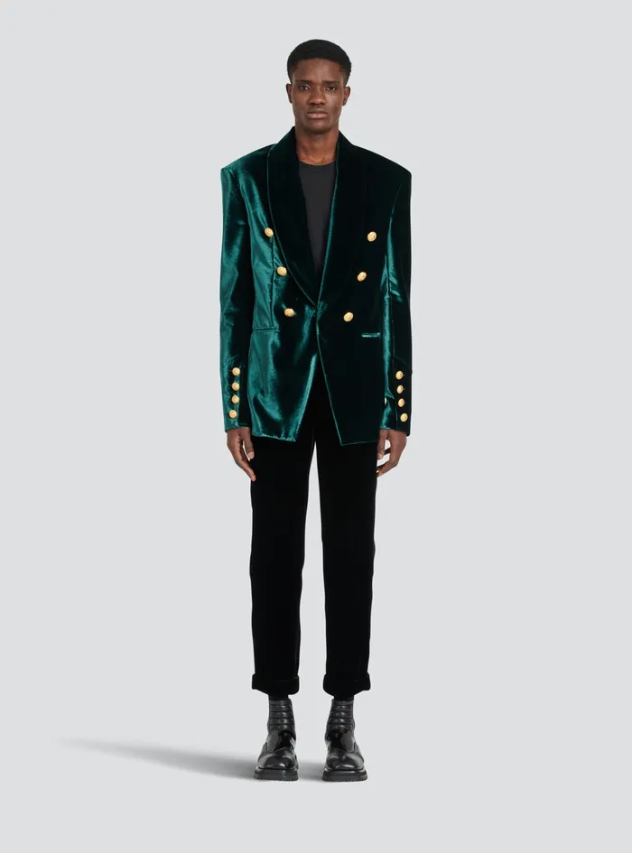 Balmain Blazers Mens Velvet Blazer With Monogram Lining Green Balmain Blazers Mens Velvet Blazer With Monogram Lining Green
