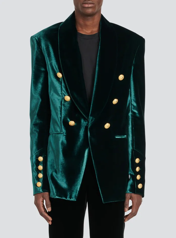 Balmain Blazers Mens Velvet Blazer With Monogram Lining Green Balmain Blazers Mens Velvet Blazer With Monogram Lining Green