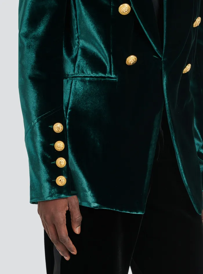 Balmain Blazers Mens Velvet Blazer With Monogram Lining Green Balmain Blazers Mens Velvet Blazer With Monogram Lining Green