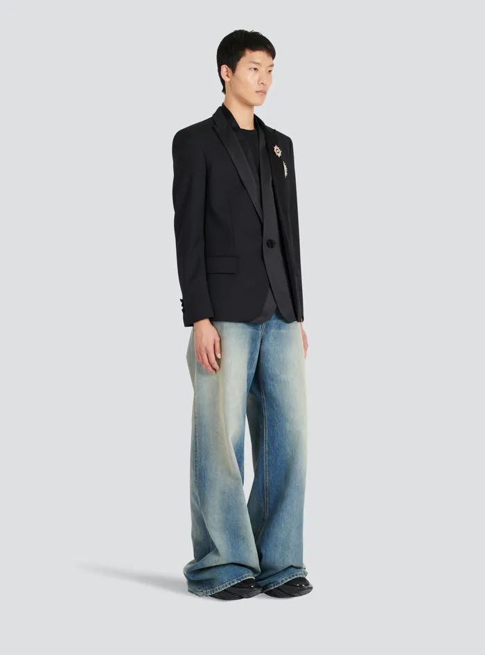Balmain Blazers Mens Wool Blazer With Embroidered Badges And Satin Collar Black Balmain Blazers Mens Wool Blazer With Embroidered Badges And Satin Collar Black