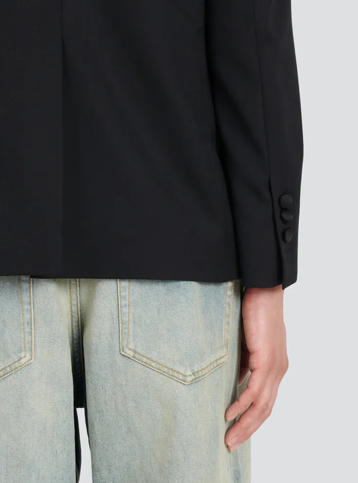 Balmain Blazers Mens Wool Blazer With Embroidered Badges And Satin Collar Black Balmain Blazers Mens Wool Blazer With Embroidered Badges And Satin Collar Black