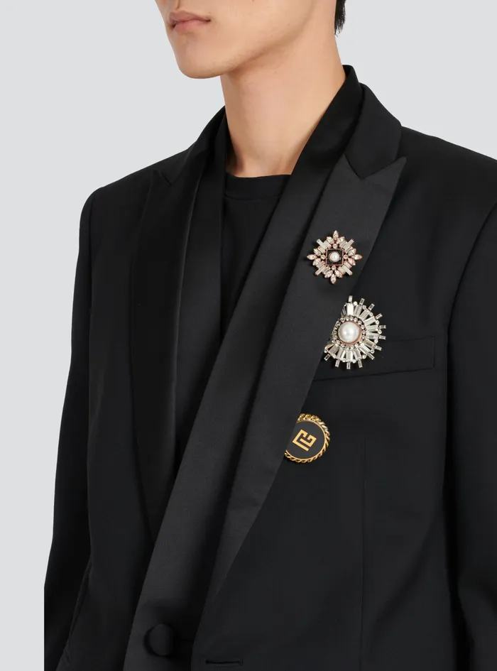 Balmain Blazers Mens Wool Blazer With Embroidered Badges And Satin Collar Black Balmain Blazers Mens Wool Blazer With Embroidered Badges And Satin Collar Black