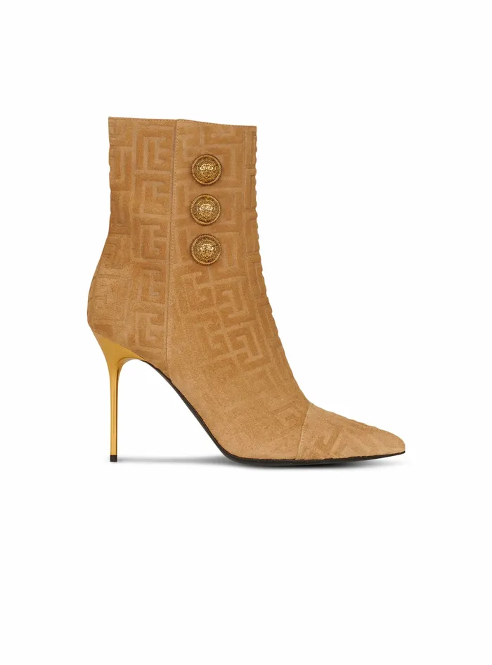 Balmain Boots And Rangers Womens Debossed Suede Roni Ankle Boots With Balmain Monogram Beige