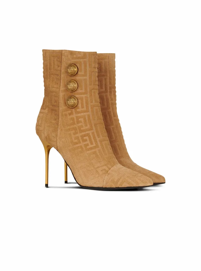Balmain Boots And Rangers Womens Debossed Suede Roni Ankle Boots With Balmain Monogram Beige