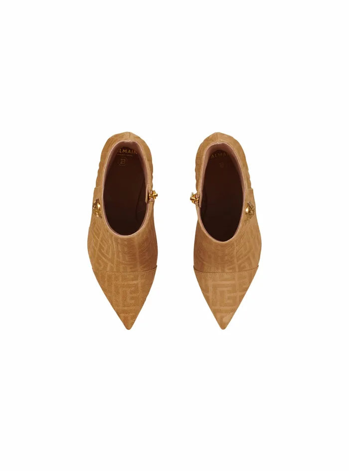 Balmain Boots And Rangers Womens Debossed Suede Roni Ankle Boots With Balmain Monogram Beige