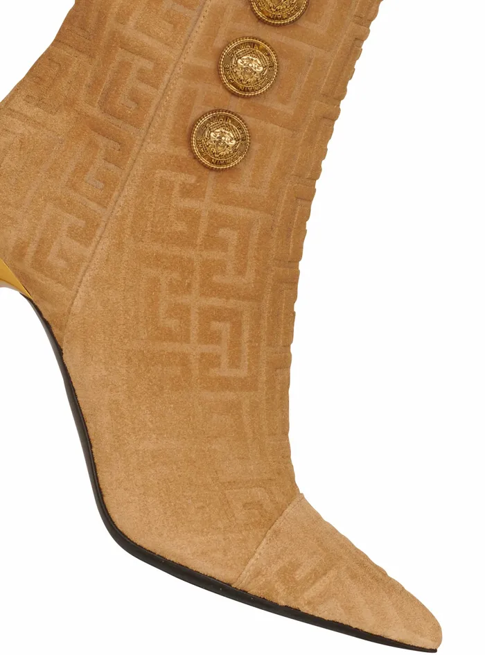 Balmain Boots And Rangers Womens Debossed Suede Roni Ankle Boots With Balmain Monogram Beige