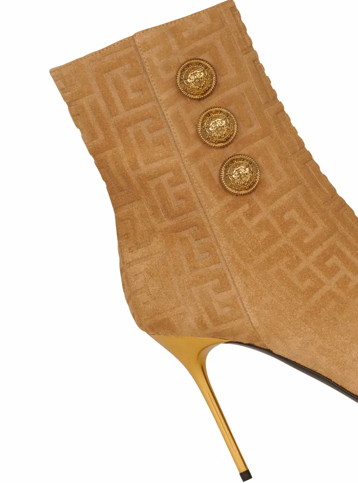 Balmain Boots And Rangers Womens Debossed Suede Roni Ankle Boots With Balmain Monogram Beige