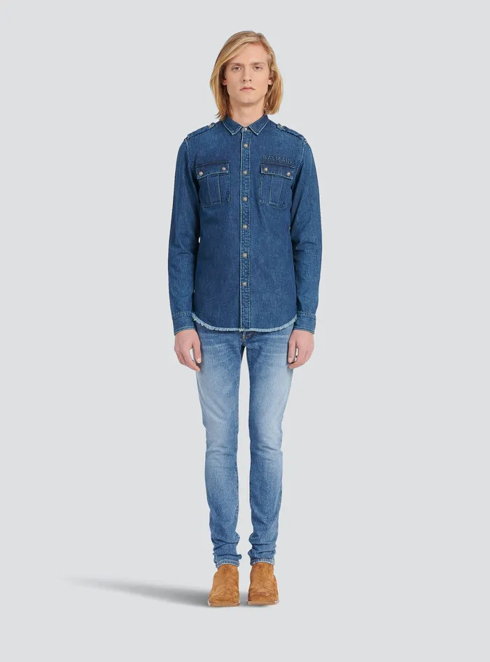 Balmain Denim Mens Shirt With Small Embossed Balmain Logo Blue Balmain Denim Mens Shirt With Small Embossed Balmain Logo Blue