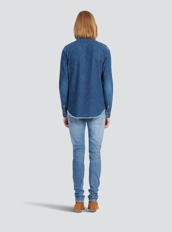 Balmain Denim Mens Shirt With Small Embossed Balmain Logo Blue Balmain Denim Mens Shirt With Small Embossed Balmain Logo Blue