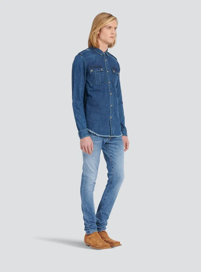 Balmain Denim Mens Shirt With Small Embossed Balmain Logo Blue Balmain Denim Mens Shirt With Small Embossed Balmain Logo Blue