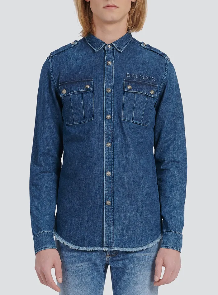 Balmain Denim Mens Shirt With Small Embossed Balmain Logo Blue Balmain Denim Mens Shirt With Small Embossed Balmain Logo Blue